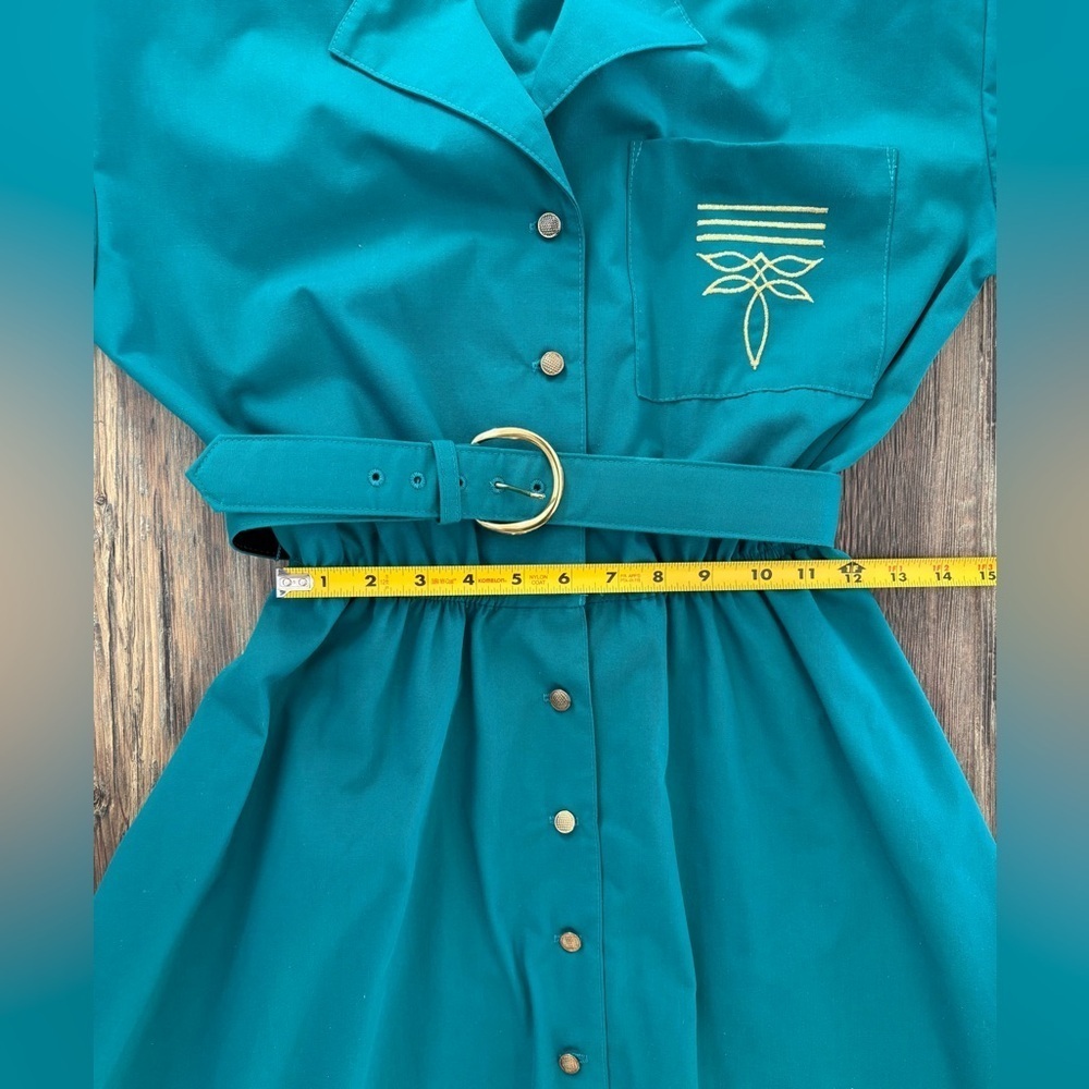 Vtg The American Shirt Dress Womens 8 Midi Belted Teal w/Gold Embroidery Buttons - Picture 7 of 14